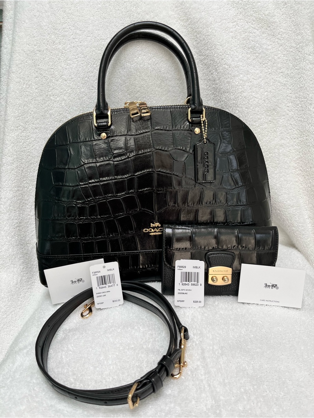 COACH Sierra Domed Satchel Embossed Crocodile Black Leather With Wallet EUC